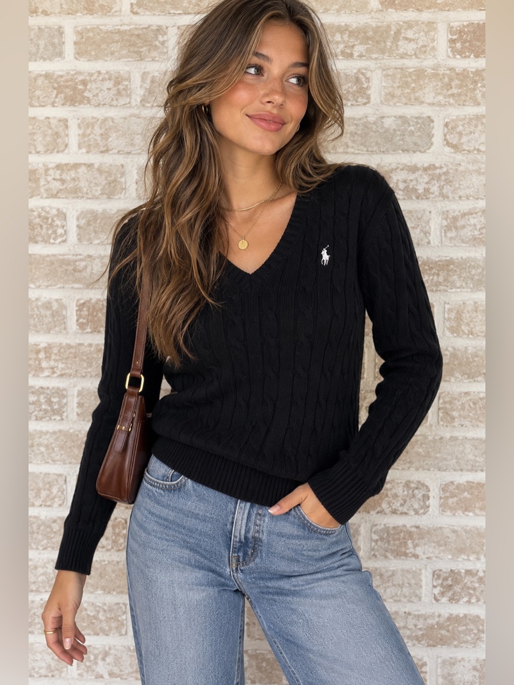 Polo Ralph Lauren Black Cable Knit V Neck Cotton Sweater Preppy Old Money M